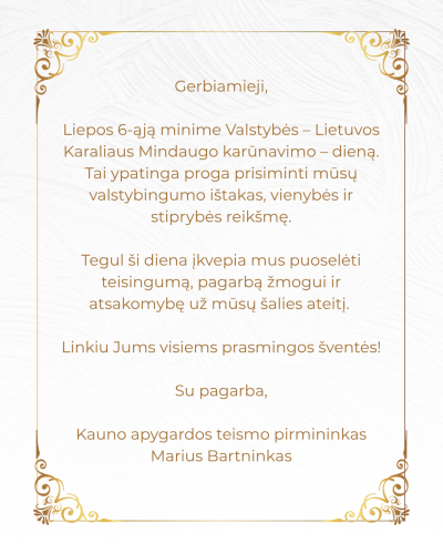 Kauno apygardos teismo pirmininko M. Bartninko sveikinimas 